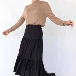 Among The Brave Blazing Black Tiered Linen Midi Skirt Fashion