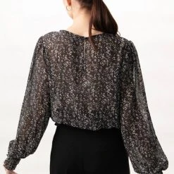Among The Brave Pure Black Ditsy Fleck Puff Sleeve Shirred Blouse