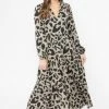 Seeking Lola Composed Khaki Leopard Mid Sleeve Frill V Neck Tiered Midi Dress