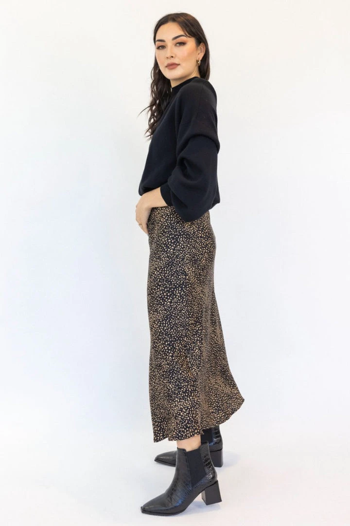Ivy + Jack Fashion Ivy Black Mini Leopard Satin Midi Bias Skirt 4 Ivy + Jack Fashion Ivy Black Mini Leopard Satin Midi Bias Skirt