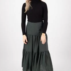 Among The Brave Blazing Dark Forest Tiered Linen Midi Skirt