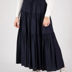 Among The Brave Fashion Sensational Navy Tiered Satin Tie Waist Maxi Skirt