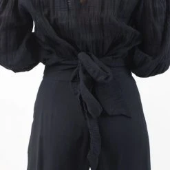 Ivy + Jack Grace Black Shirred Cotton LS Back Hem Tie Top Fashion