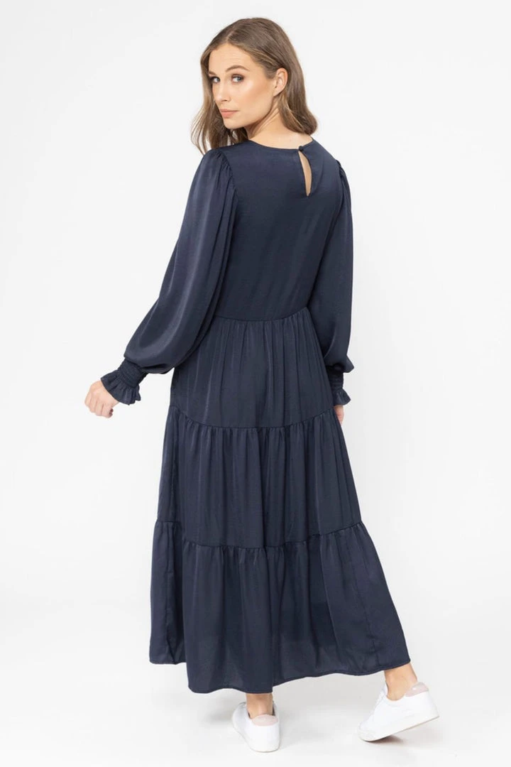 Seeking Lola Fashion Day Dream Navy Satin LS Tiered Midi Dress 5 Seeking Lola Fashion Day Dream Navy Satin LS Tiered Midi Dress