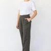 Among The Brave Freedom Dark Khaki Flat Front Deep Waistband Wide Leg Linen Pant Fashion