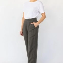 Among The Brave Freedom Dark Khaki Flat Front Deep Waistband Wide Leg Linen Pant Fashion