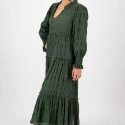 Ivy + Jack Fashion Jessie Hunter Green Shirred Cotton LS Tiered Midi Dress 8 Ivy + Jack Fashion Jessie Hunter Green Shirred Cotton LS Tiered Midi Dress
