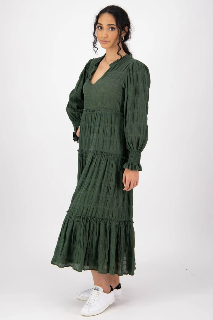 Ivy + Jack Fashion Jessie Hunter Green Shirred Cotton LS Tiered Midi Dress 5 Ivy + Jack Fashion Jessie Hunter Green Shirred Cotton LS Tiered Midi Dress