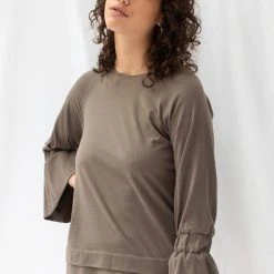 ReCreate Transit Frill Sleeve Taupe Cotton Top
