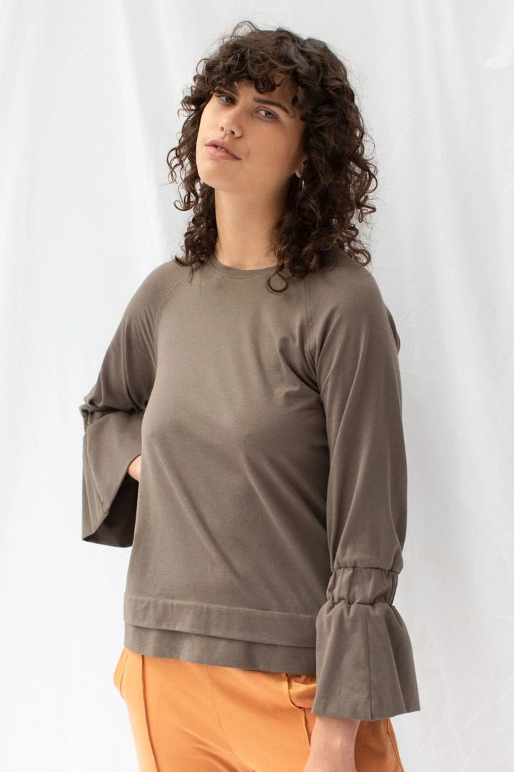 ReCreate Transit Frill Sleeve Taupe Cotton Top 3 ReCreate Transit Frill Sleeve Taupe Cotton Top