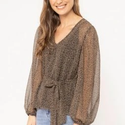 Billie The Label Big Love Black Ditsy LS V Neck Tie Waist Top