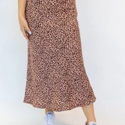 Ivy + Jack Fashion Ivy Peach Leopard Satin Midi Bias Skirt