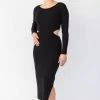 Among The Brave Fashion Angelica Black Cut Out Boat Neck LS Rib Knit Midi Dress