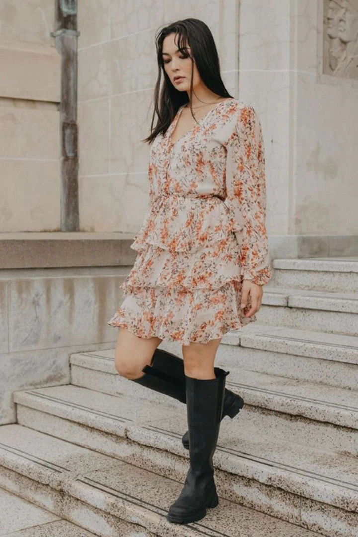 Ivy + Jack Evita Sand Floral LS V Neck Mini Tiered Dress 3 Ivy + Jack Evita Sand Floral LS V Neck Mini Tiered Dress