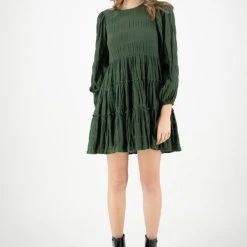 Ivy + Jack Fashion Luca Hunter Green Shirred Cotton LS Tiered Smock Dress