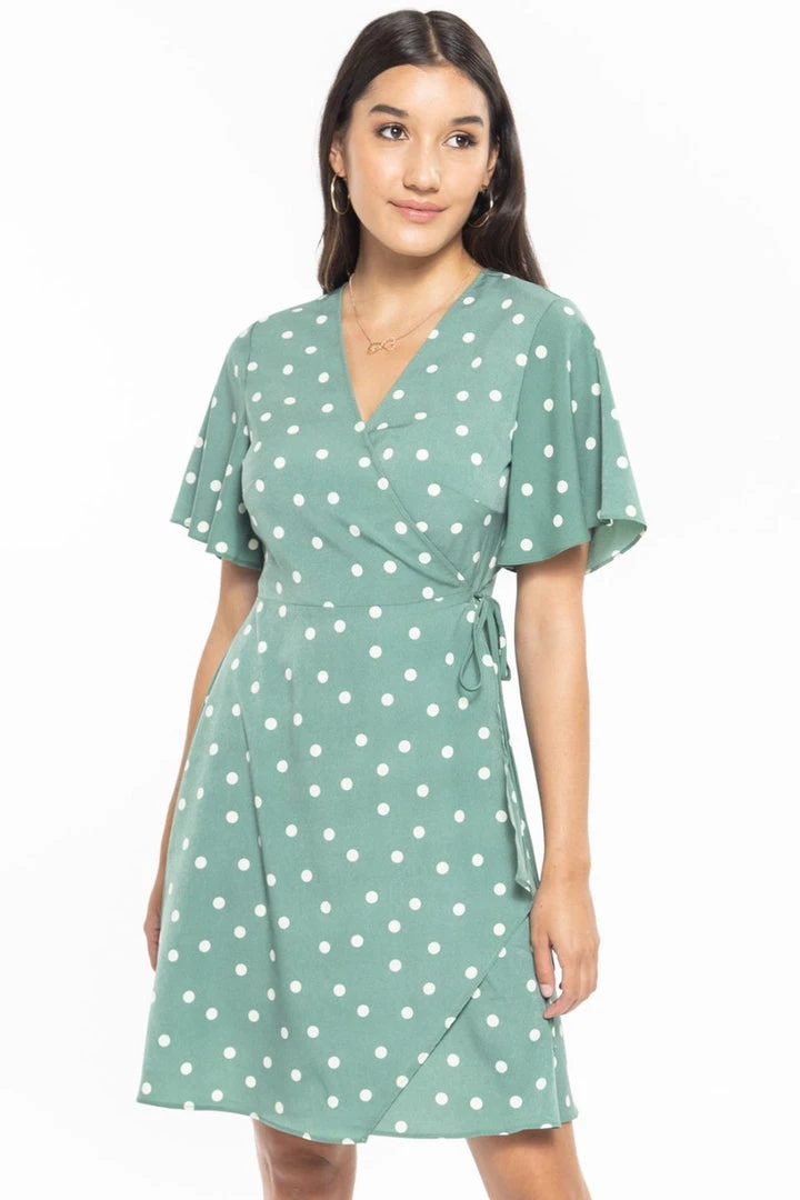Billie The Label Wonderland Sage Spot Flutter Sleeve Mini Wrap Dress 3 Billie The Label Wonderland Sage Spot Flutter Sleeve Mini Wrap Dress