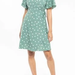 Billie The Label Wonderland Sage Spot Flutter Sleeve Mini Wrap Dress