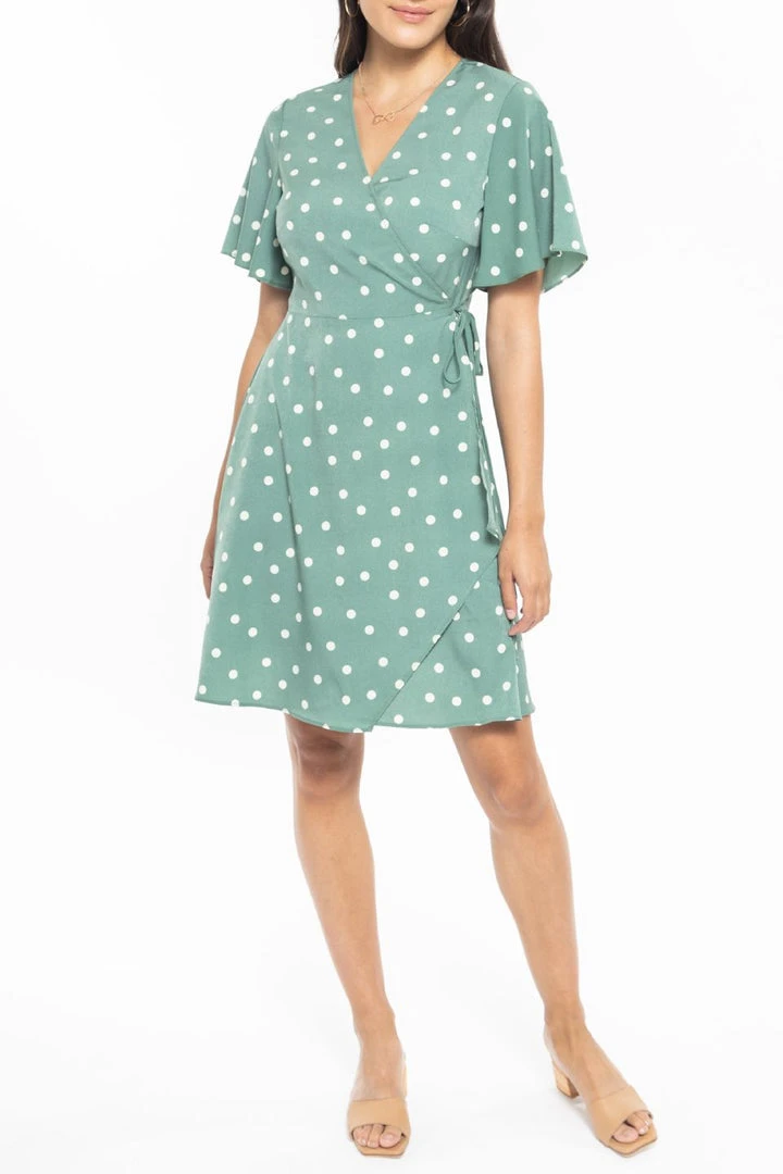 Billie The Label Wonderland Sage Spot Flutter Sleeve Mini Wrap Dress 4 Billie The Label Wonderland Sage Spot Flutter Sleeve Mini Wrap Dress
