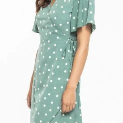 Billie The Label Wonderland Sage Spot Flutter Sleeve Mini Wrap Dress 8 Billie The Label Wonderland Sage Spot Flutter Sleeve Mini Wrap Dress