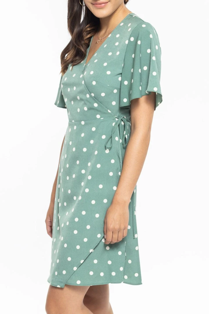 Billie The Label Wonderland Sage Spot Flutter Sleeve Mini Wrap Dress 5 Billie The Label Wonderland Sage Spot Flutter Sleeve Mini Wrap Dress