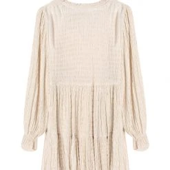 Ivy + Jack Billie Ecru Shirred LS Frill V Neck Tiered Mini Dress