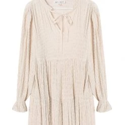 Ivy + Jack Billie Ecru Shirred LS Frill V Neck Tiered Mini Dress