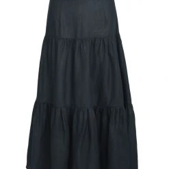 Among The Brave Blazing Black Tiered Linen Midi Skirt Fashion