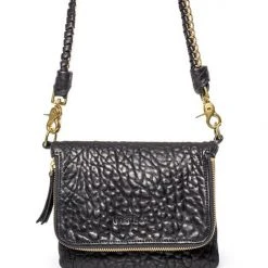 Harry & Co Bobi Leather Fold Over Black Bubble Clutch With Gold Chain