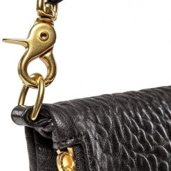 Harry & Co Bobi Leather Fold Over Black Bubble Clutch With Gold Chain