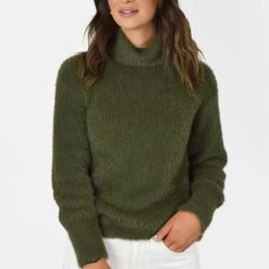 Among The Brave Brilliant Khaki Eyelash Yarn Roll Neck Knit
