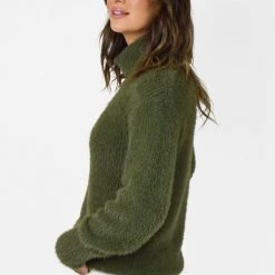Among The Brave Brilliant Khaki Eyelash Yarn Roll Neck Knit