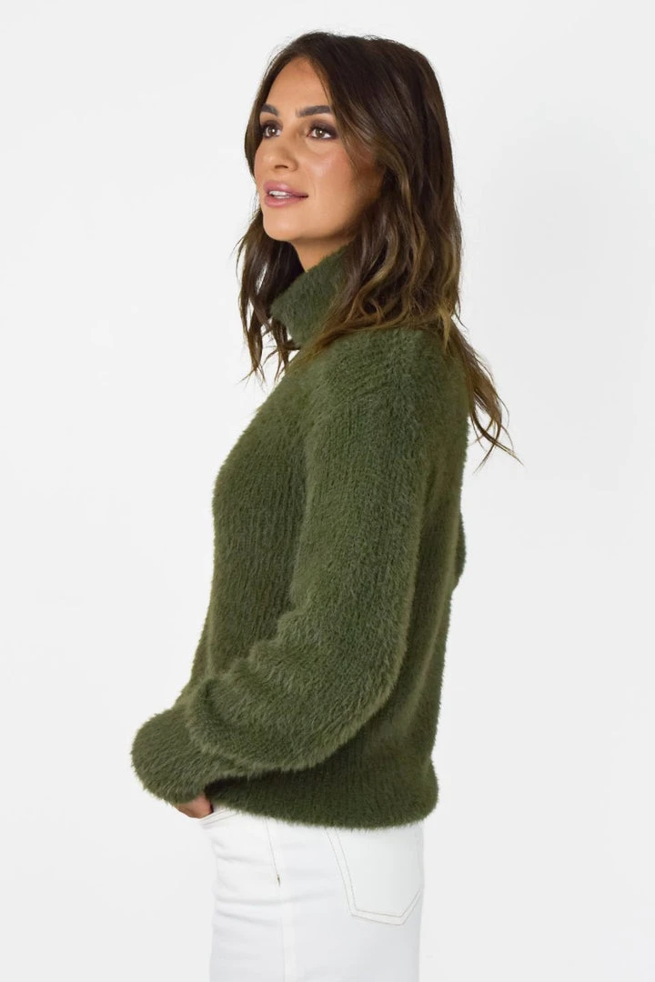 Among The Brave Brilliant Khaki Eyelash Yarn Roll Neck Knit 4 Among The Brave Brilliant Khaki Eyelash Yarn Roll Neck Knit