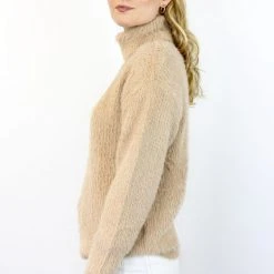 Among The Brave Brilliant Biscuit Eyelash Yarn Roll Neck Knit Fashion