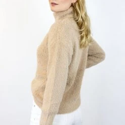 Among The Brave Brilliant Biscuit Eyelash Yarn Roll Neck Knit Fashion