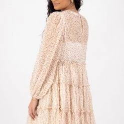 Ivy + Jack Fashion Bella Natural Floral Crinkle Blouson LS Smock Mini Dress