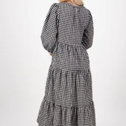 Ivy + Jack Fashion Kendall Black Check Blouson LS V Neck Tiered Midi Dress