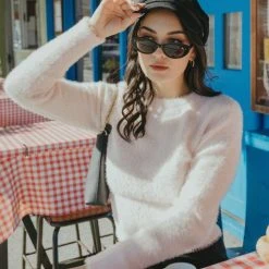 Among The Brave Lovable Candyfloss Eyelash Yarn Cropped Crew Neck Knit Fashion