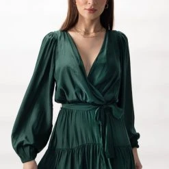 Among The Brave Twilight Forest LS Tiered Satin Maxi Dress Fashion