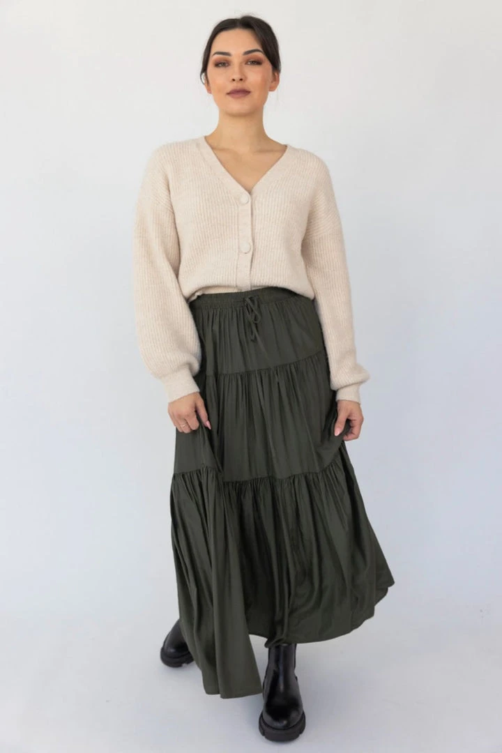 Among The Brave Sensational Dark Khaki Tiered Satin Tie Waist Maxi Skirt 5 Among The Brave Sensational Dark Khaki Tiered Satin Tie Waist Maxi Skirt