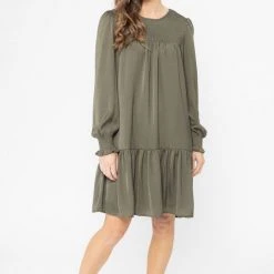 Billie The Label Hug Me Khaki Satin Shirred LS Mini Dress