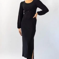Among The Brave New Moon Black Shimmer LS Puff Sleeve Ring Midi Dress