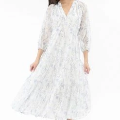 Leila + Luca Stellar Lavender Floral Flutter Sleeve V Neck Tiered Midi Dress