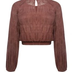 Ivy + Jack Carly Cocoa Shirred Cotton LS Raglan Elastic Hem Crop Top