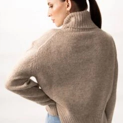 Among The Brave Soulful Mink Super Soft Cable Sleeve Raglan Cropped Roll Neck Knit Fashion