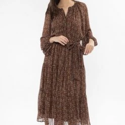 Billie The Label Vivacious Brown Floral Mid Sleeve V Neck Tiered Midi Dress