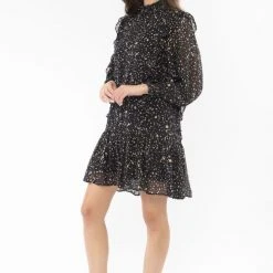 Seeking Lola Fashion Wondrous Black Glitter LS High Neck Frill Smock Dress