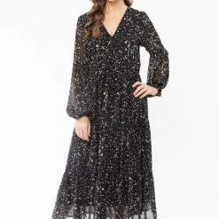 Seeking Lola Santa Maria Gold Glitter LS Tiered Midi Dress Fashion