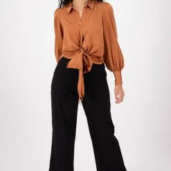 Among The Brave Victory Copper Satin Tie Front Puff Sleeve Shirt Fashion