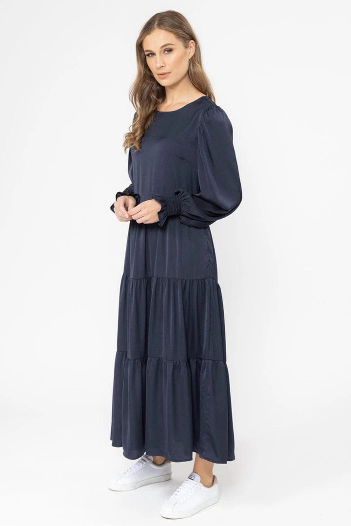 Seeking Lola Fashion Day Dream Navy Satin LS Tiered Midi Dress 4 Seeking Lola Fashion Day Dream Navy Satin LS Tiered Midi Dress