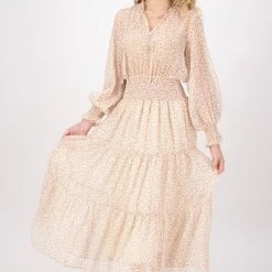 Ivy + Jack Fashion Charlie Natural Floral Crinkle LS Frill V Neck Tiered Midi Dress